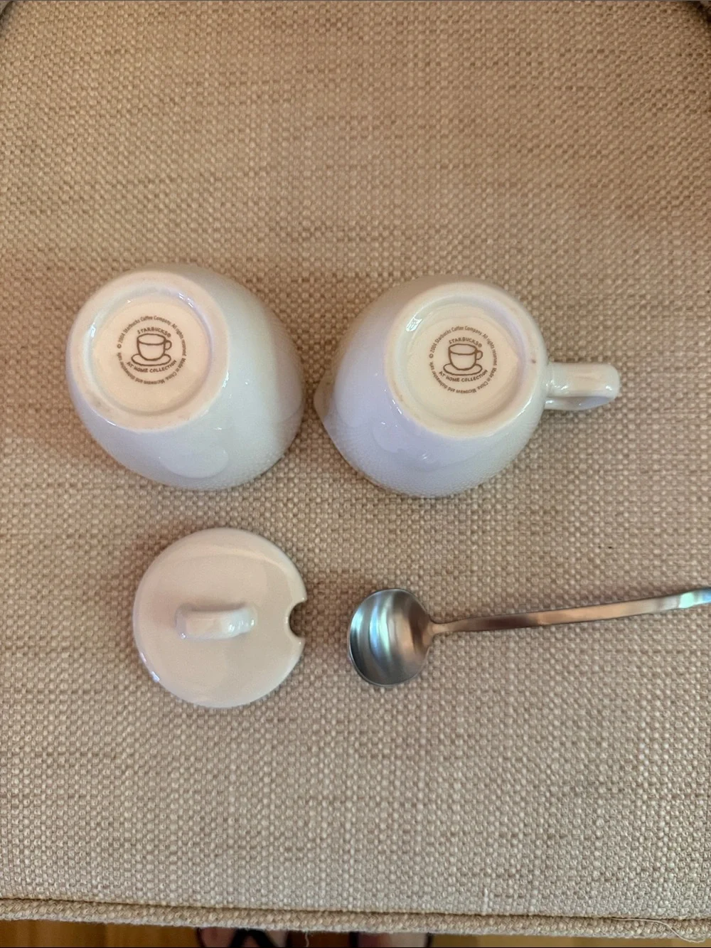 Starbucks White Ceramic Sugar Bowl and Creamer Set with spoon.